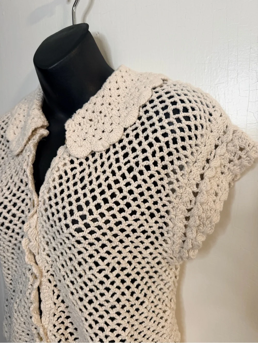 Free People Cream Crochet Button-Front Short Sleeve Top